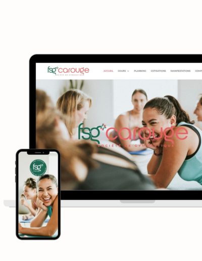 Mockup responsive du site web FSG Carouge, Société de Gymnastique, affichage desktop et mobile, conception web par Anouchka Moritz Studio, graphiste et web designer à Genève