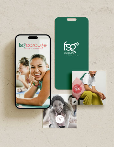 Création de visuels Instagram pour FSG Carouge, société de gymnastique, mockup incluant logo, application mobile, tote bag et accompagnement Instagram, réalisé par Anouchka Moritz Studio, graphiste à Genève